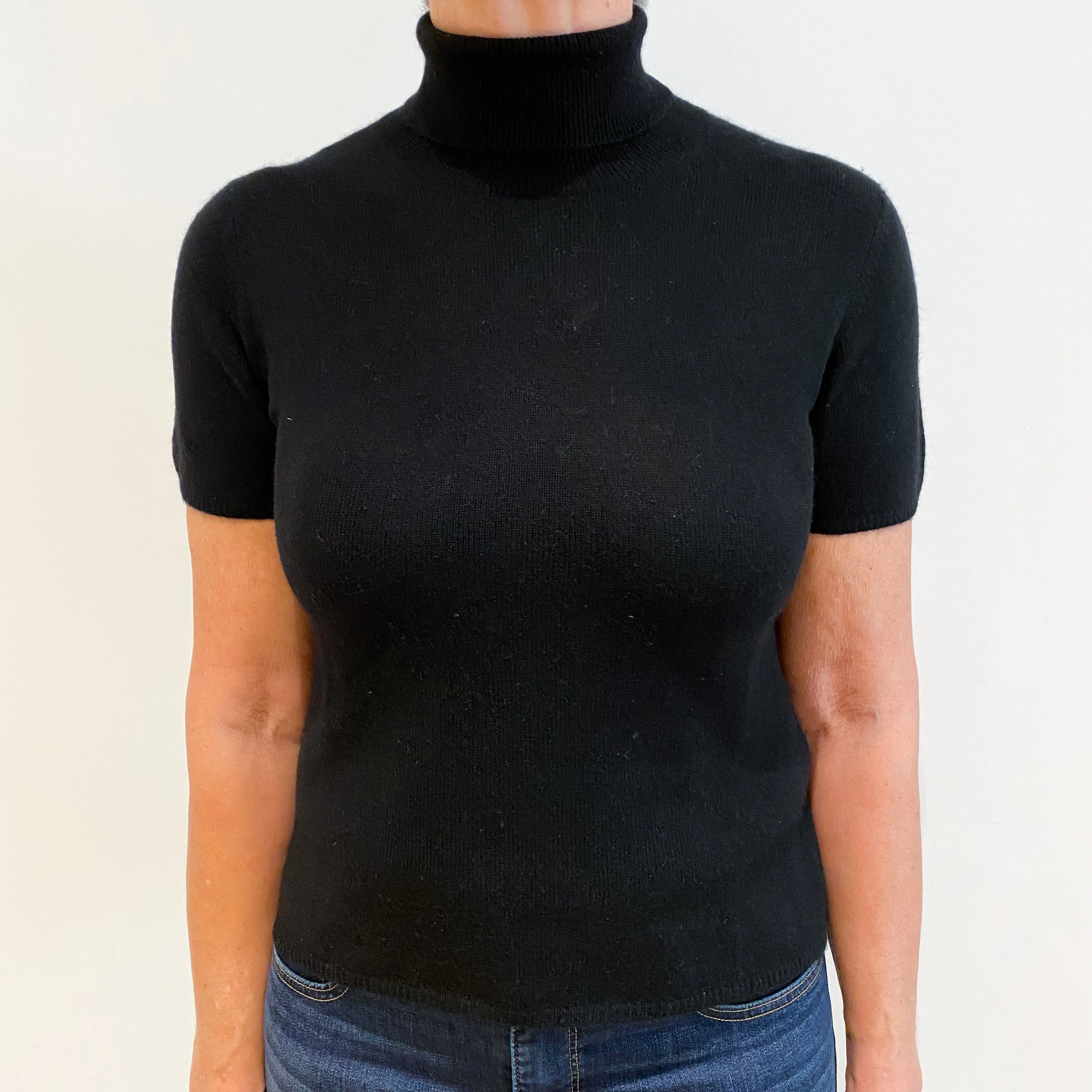 Black Cashmere Short Sleeve Polo Neck Jumper Medium