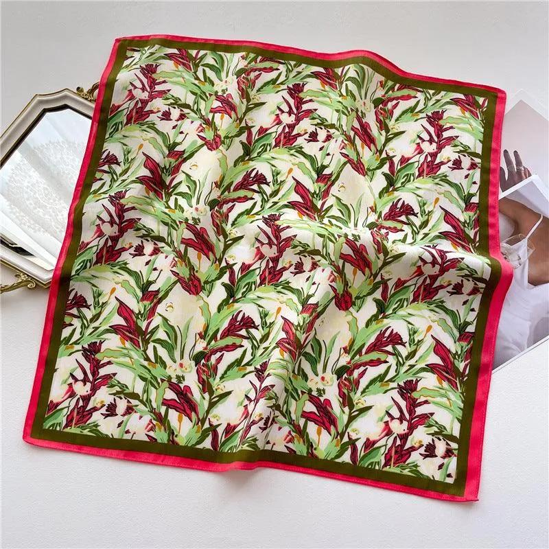Botanical Floral Pattern Square Scarf/Herringbone Weave Square Scarf/Lady's Neck Scarf/Cotton Linen Hand Feeling Scarf/Gift for Her