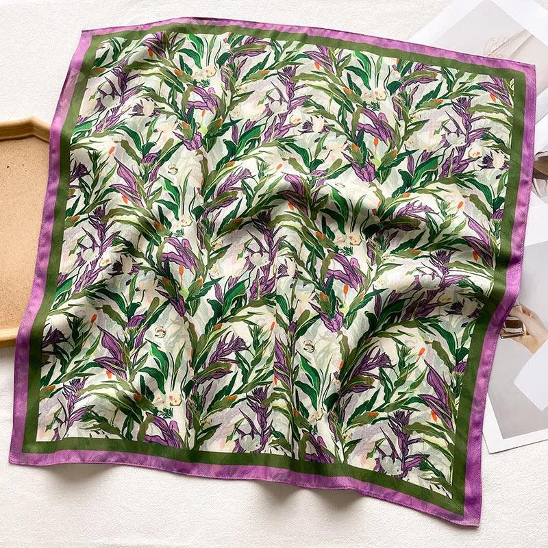 Botanical Floral Pattern Square Scarf/Herringbone Weave Square Scarf/Lady's Neck Scarf/Cotton Linen Hand Feeling Scarf/Gift for Her