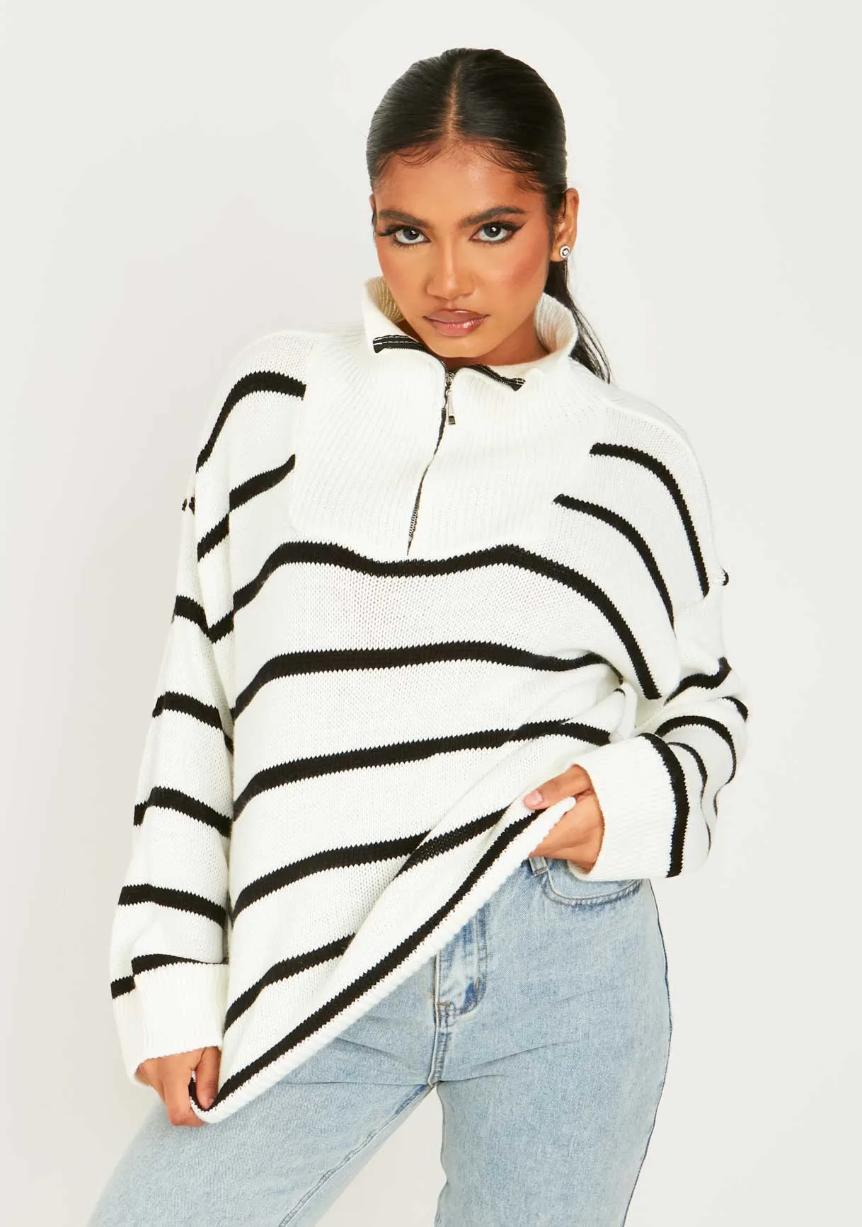 Cara Cream & Black Knitted Striped Zip Up Jumper