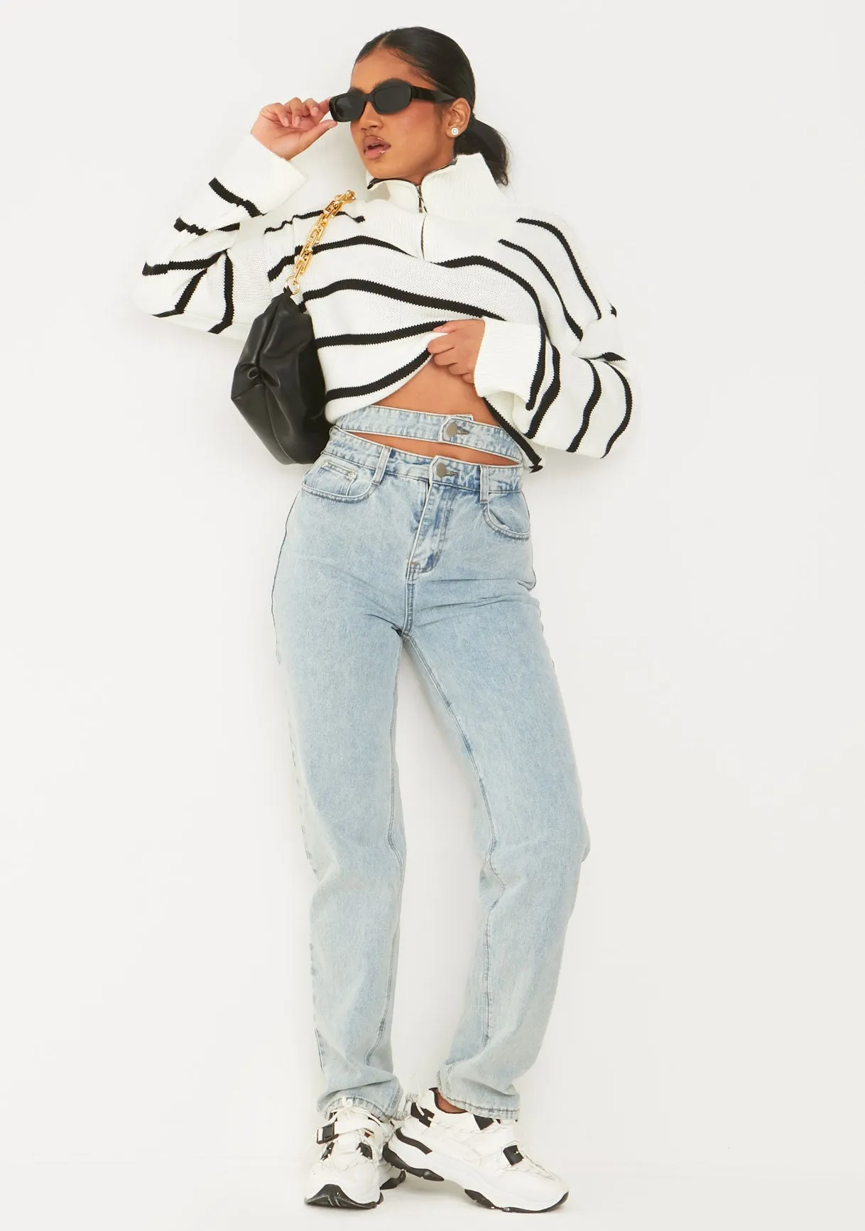Cara Cream & Black Knitted Striped Zip Up Jumper