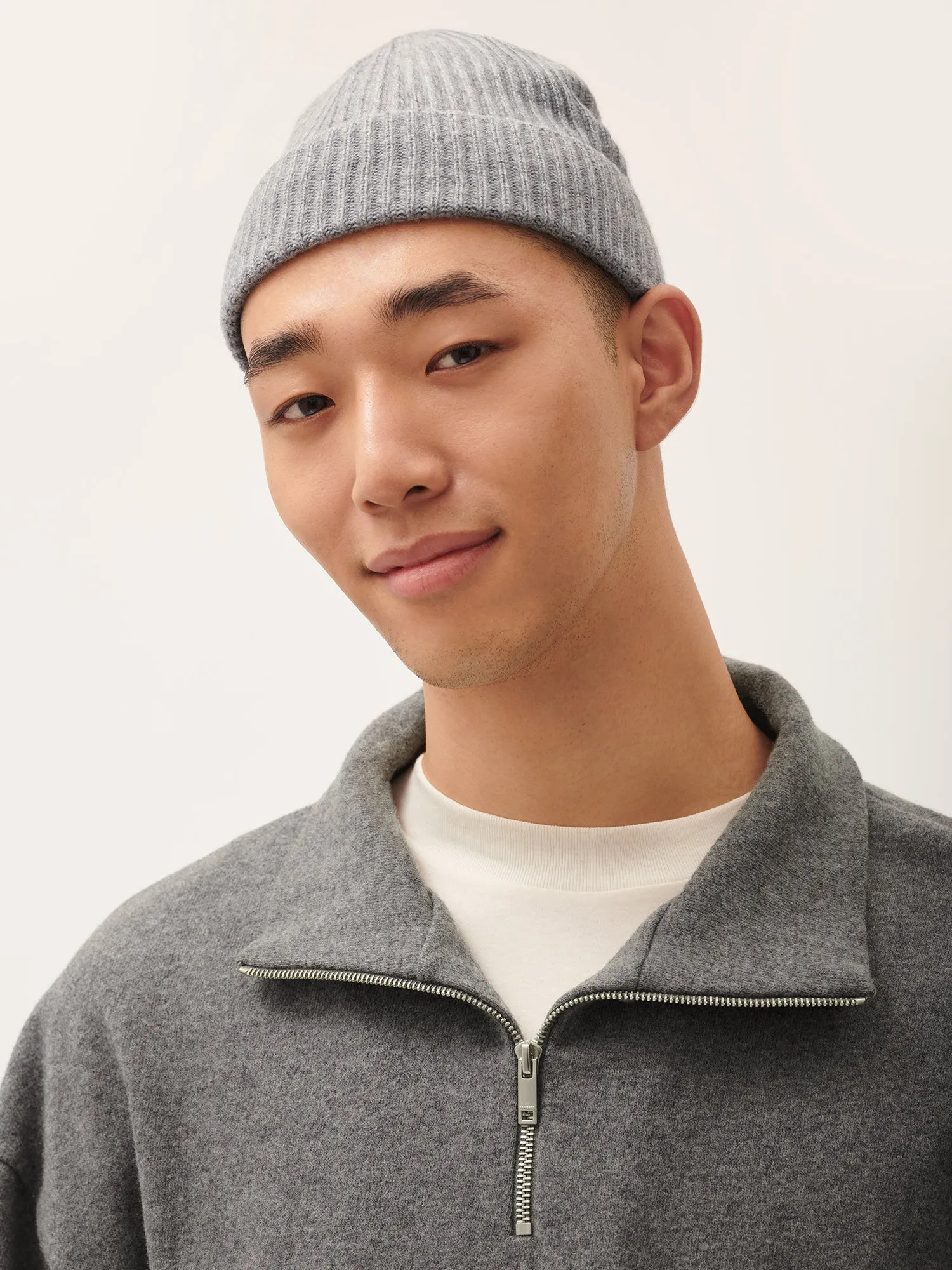 Cashmere Ribbed Beanie—grey marl