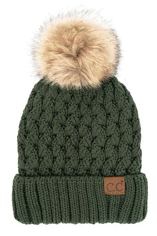 Chilly Crossover Stitch Beanie With Pom - Moss