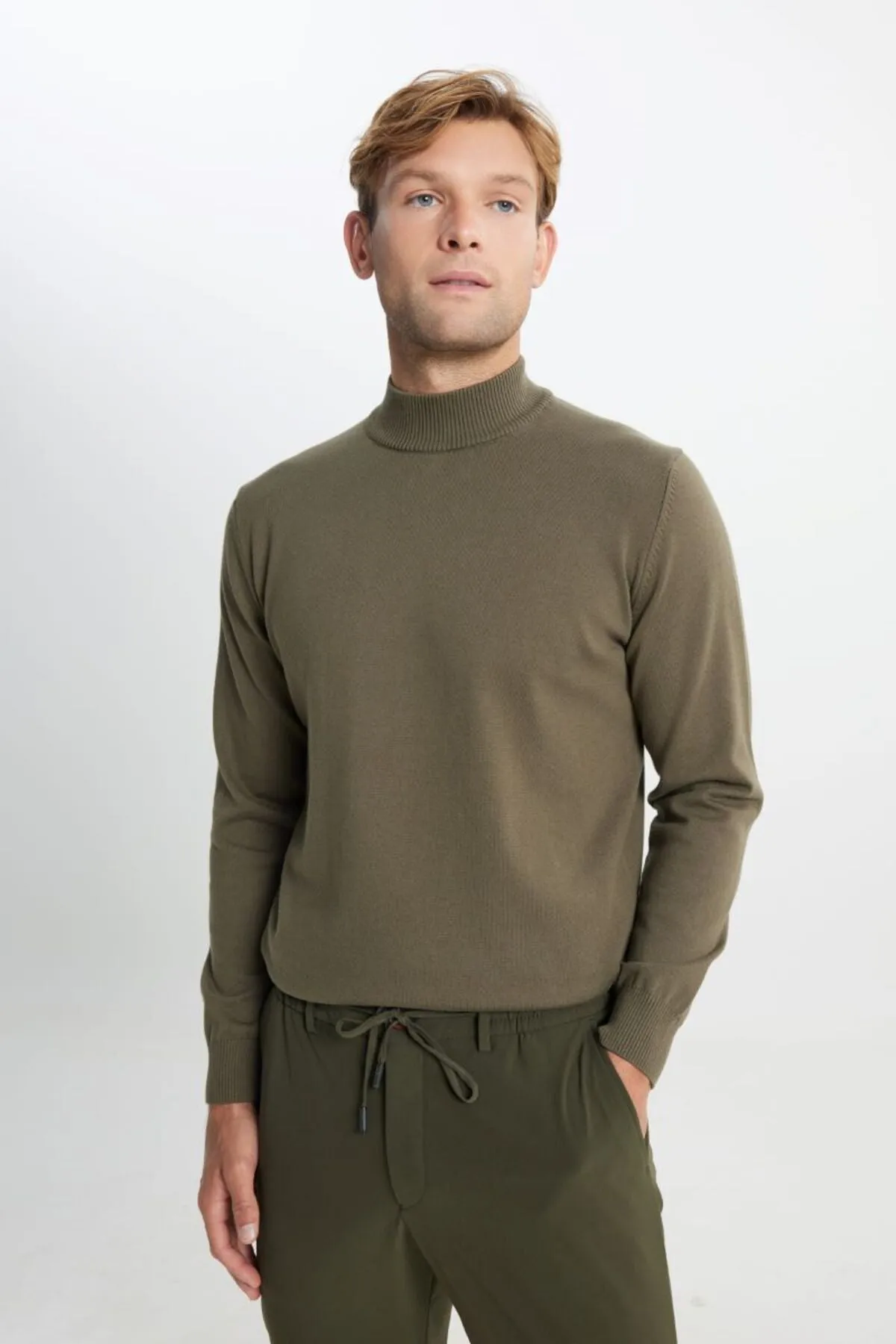 Cotton Standard Fit Normal Cut Half Fisherman Yaka Knitwear Khaki Sweater