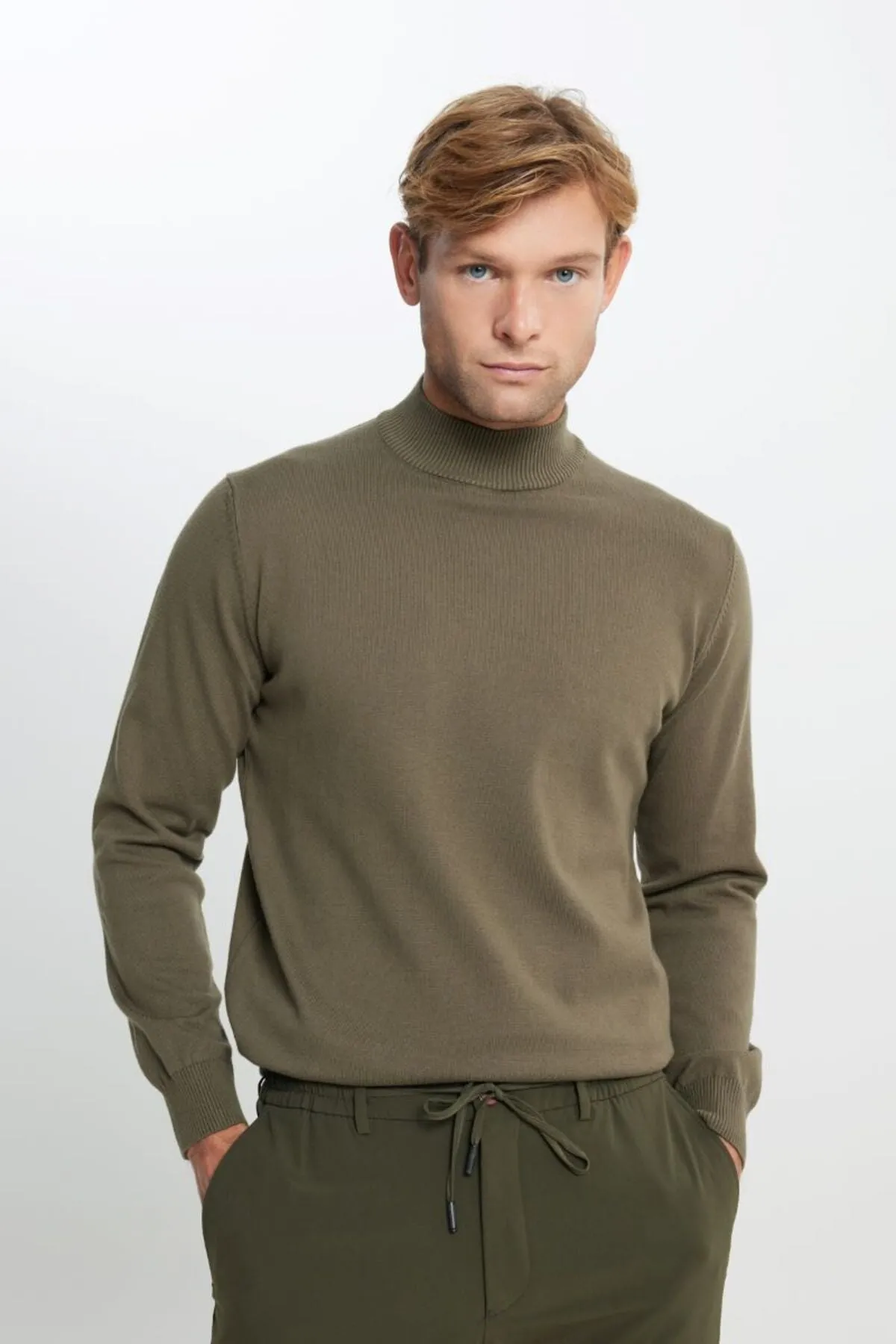 Cotton Standard Fit Normal Cut Half Fisherman Yaka Knitwear Khaki Sweater