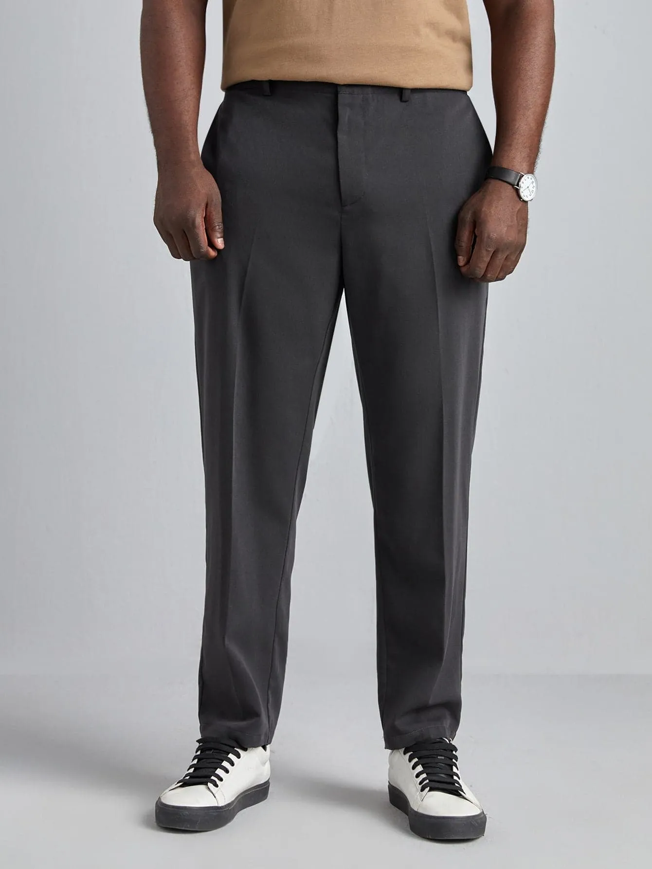 Dark Grey Solid Slant Pockets Zipper Fly Trousers