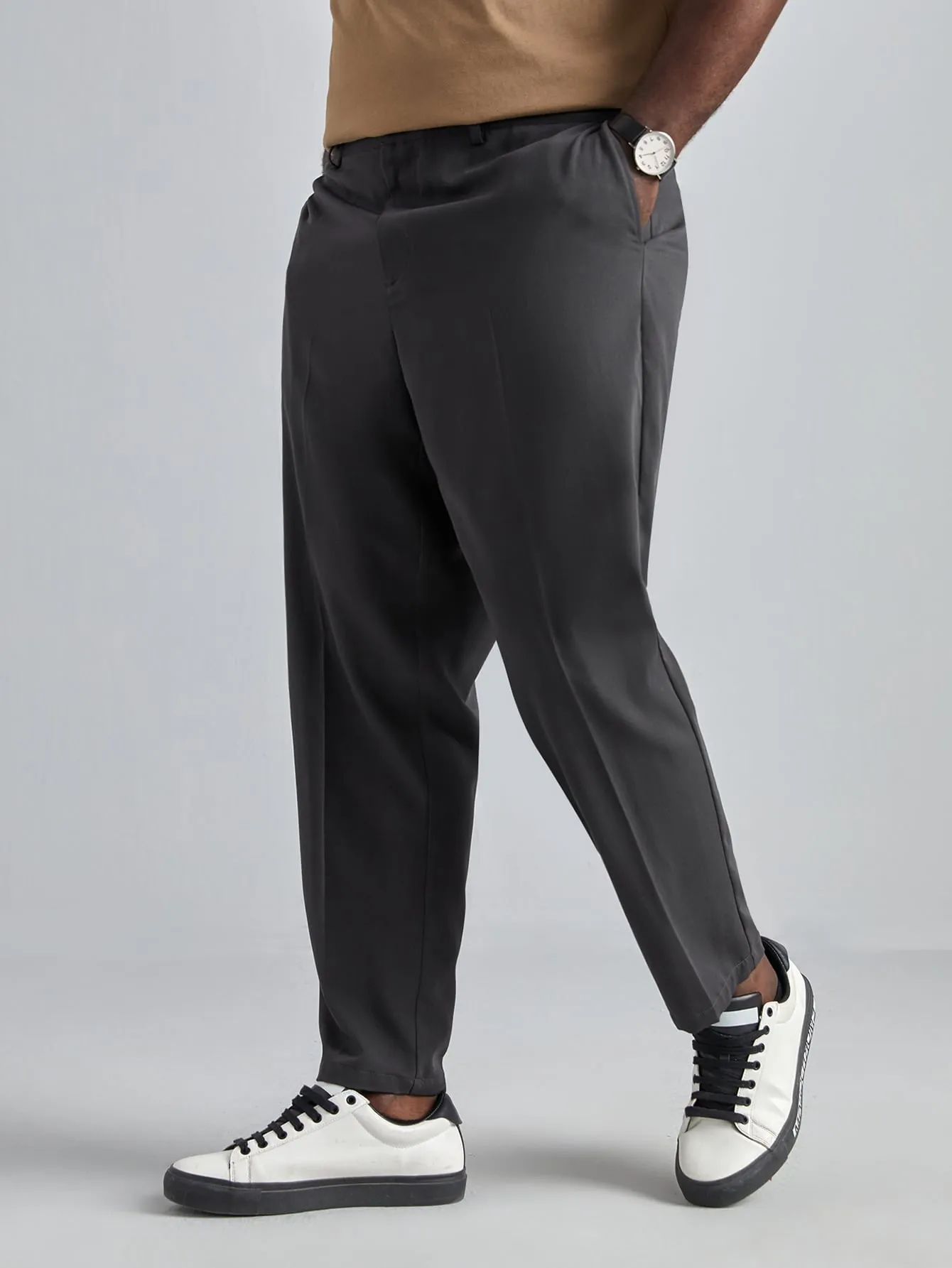 Dark Grey Solid Slant Pockets Zipper Fly Trousers