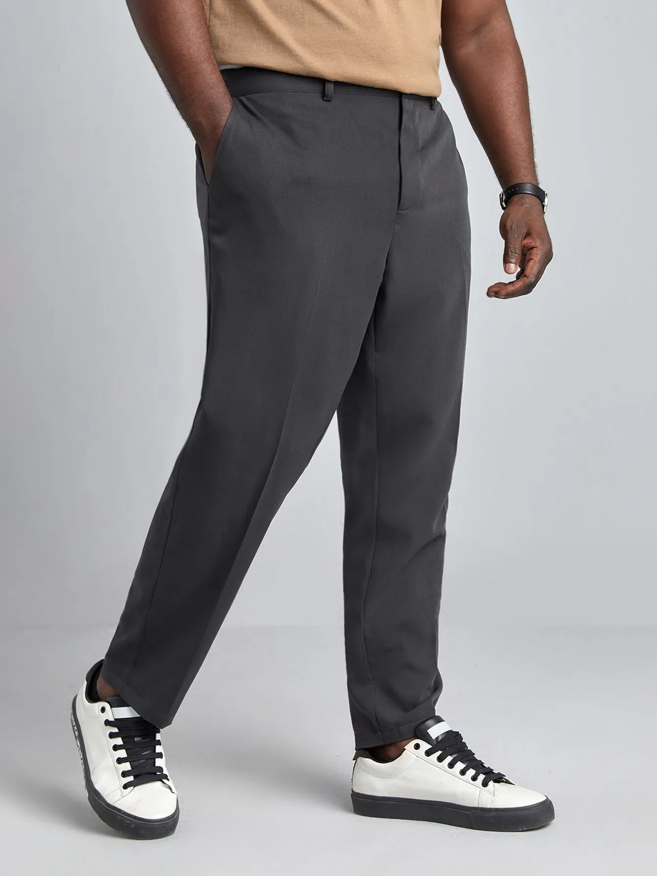 Dark Grey Solid Slant Pockets Zipper Fly Trousers