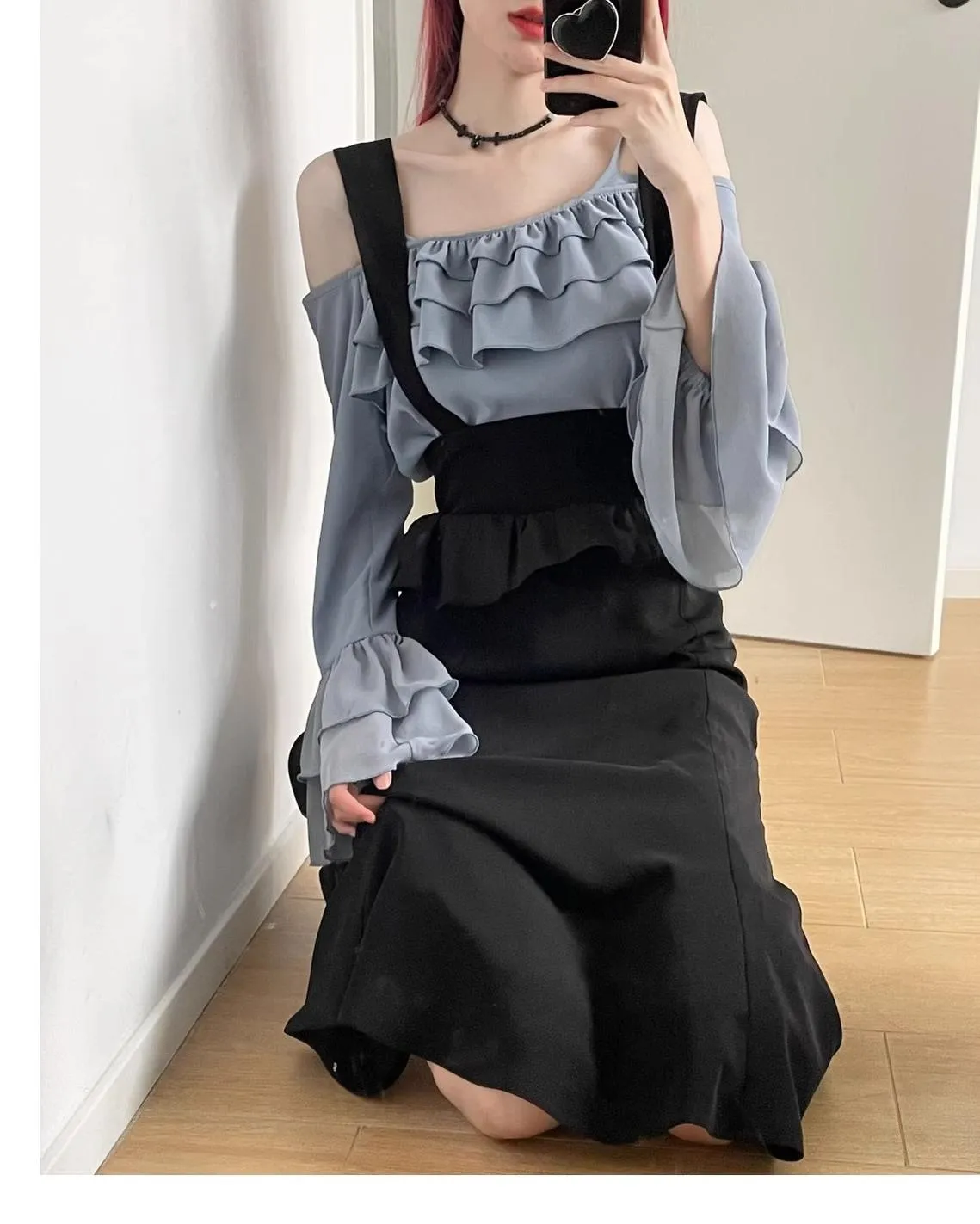 Elegant Outfit Set Chiffon Blouse Suspender Skirt Set