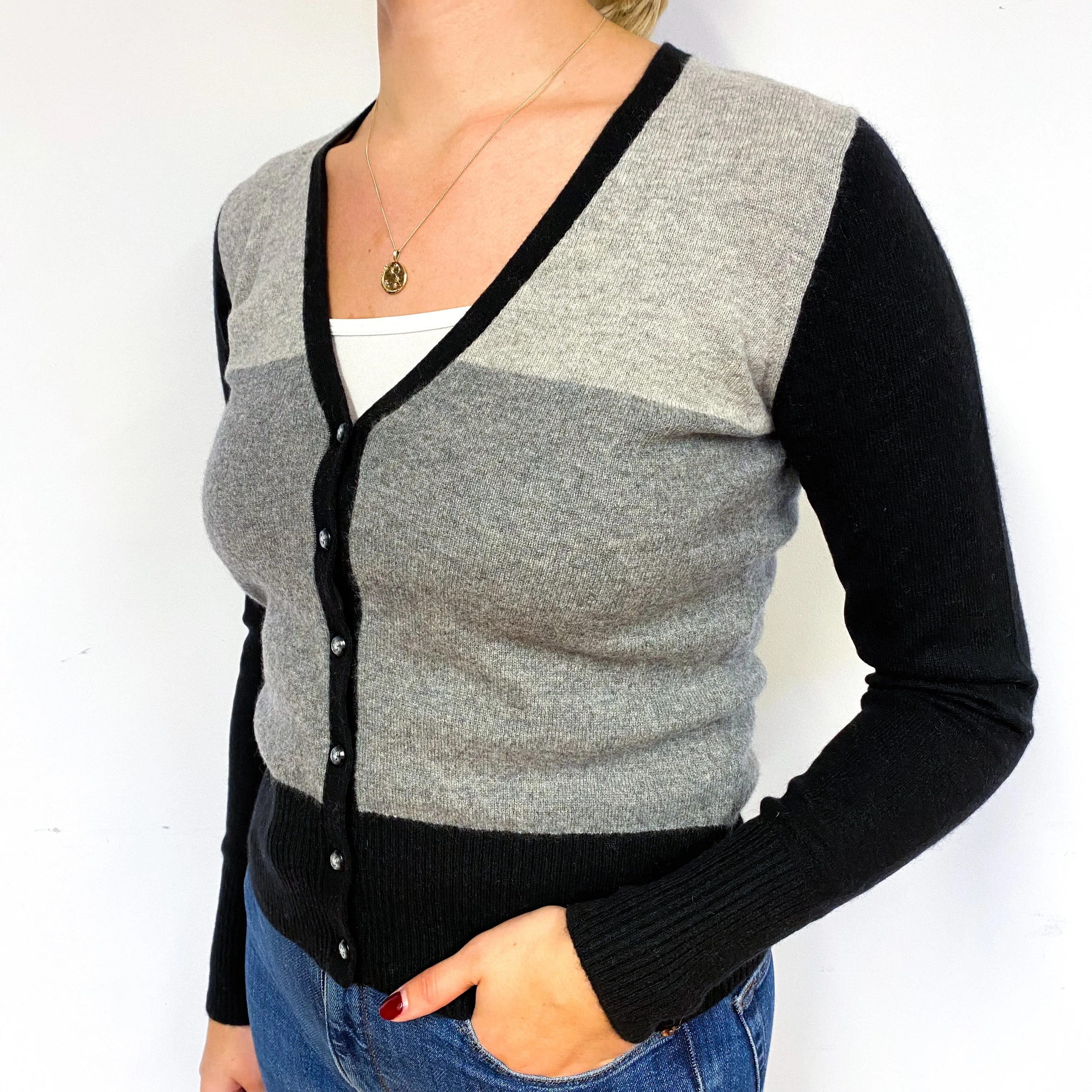Grey Black Colour Block Cashmere V-Neck Cardigan Small
