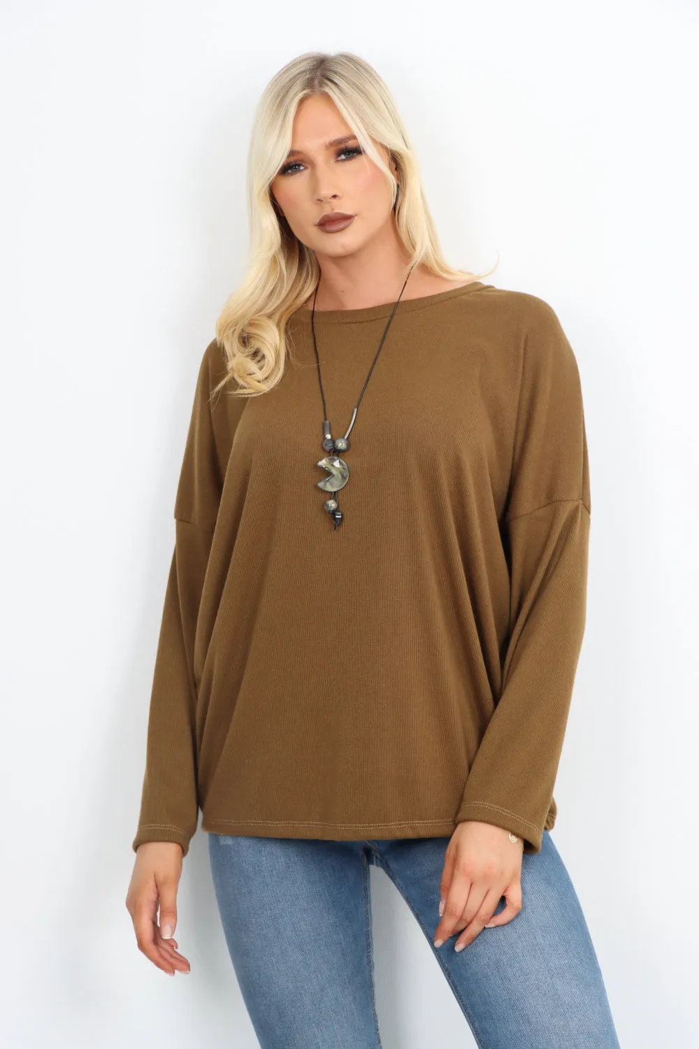 Italian Basic Soft Knit Long Sleeve Necklace Top