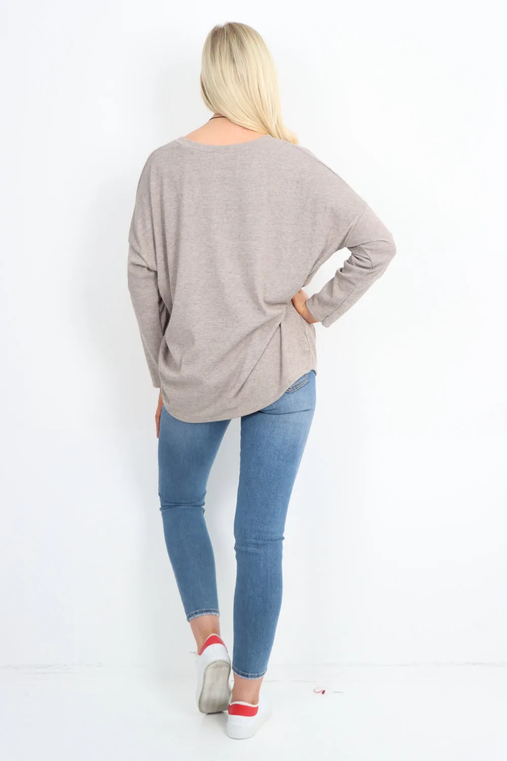 Italian Basic Soft Knit Long Sleeve Necklace Top