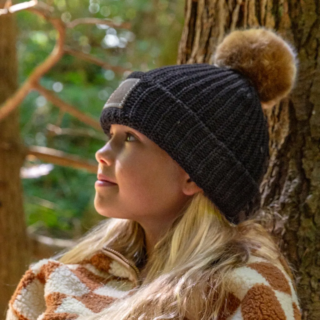 Kids Black Pom Beanie (Natural Pom)