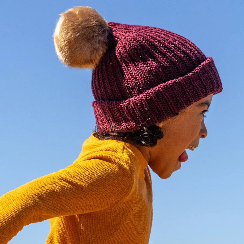 Kids Burgundy Pom Beanie (Natural Pom)