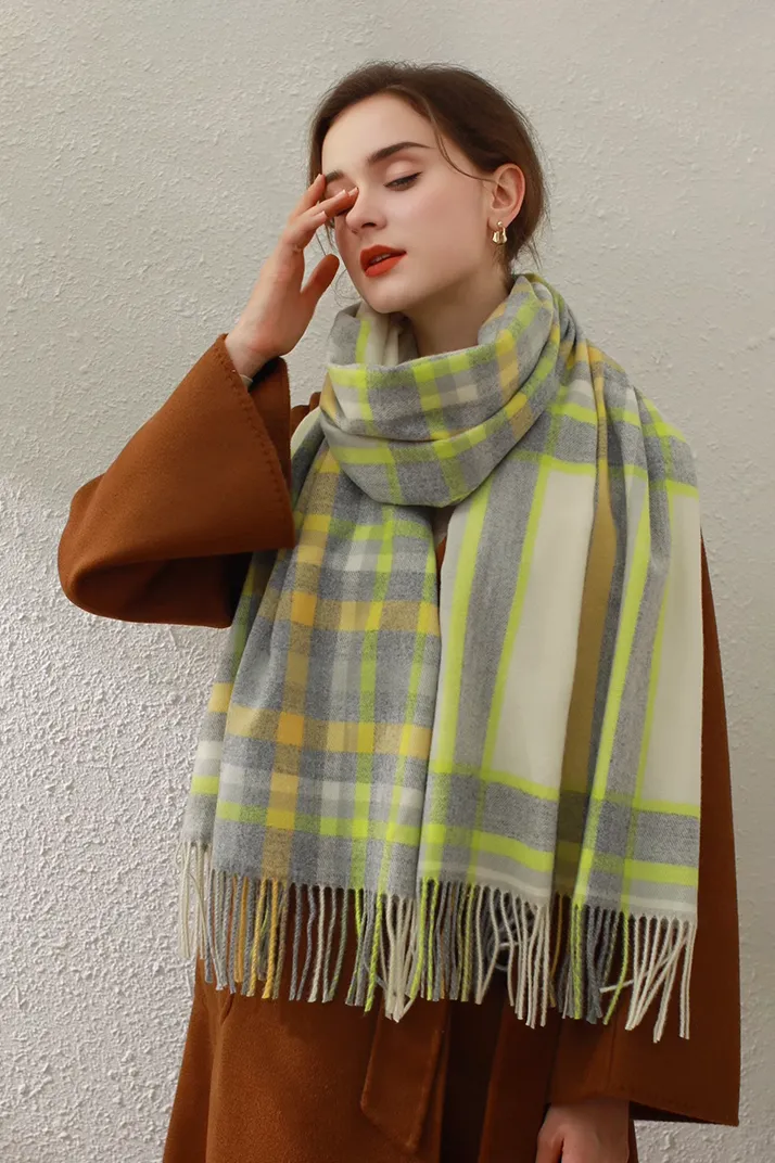 Mimic Cashmere Colorful Plaid Fringe Blanket Scarf