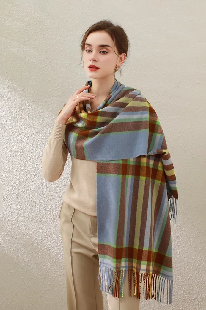 Mimic Cashmere Colorful Plaid Fringe Blanket Scarf