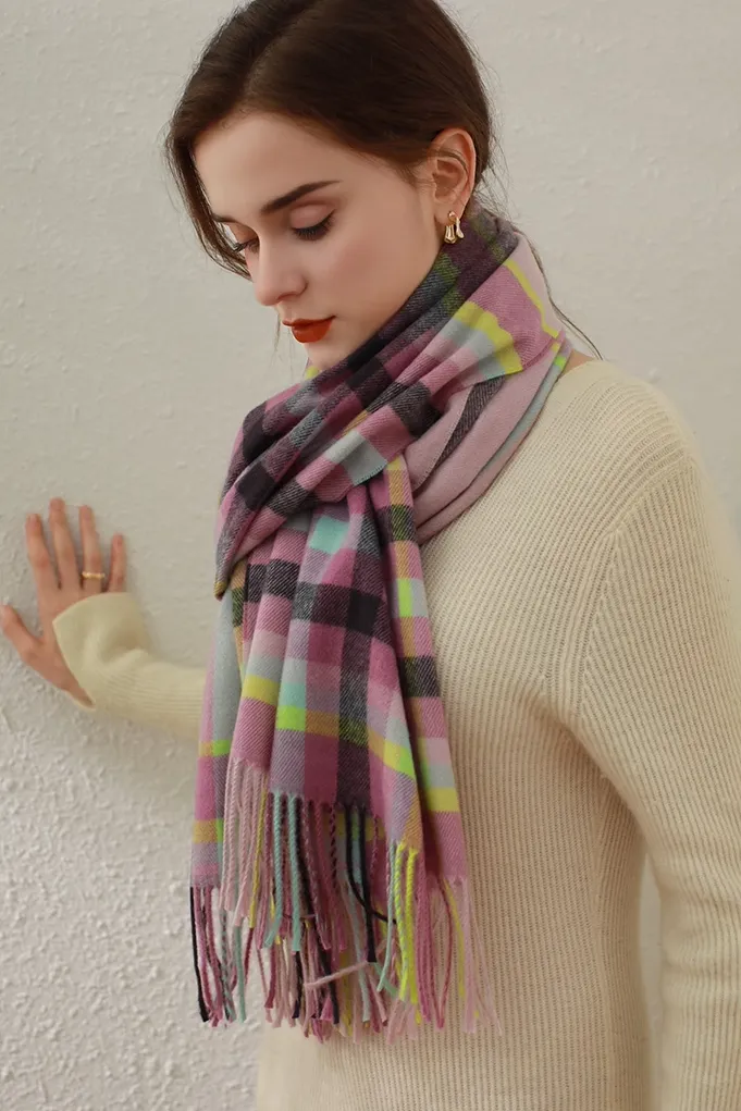 Mimic Cashmere Colorful Plaid Fringe Blanket Scarf