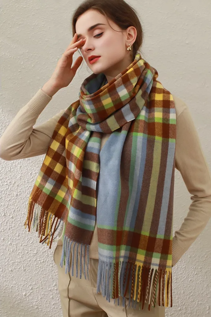Mimic Cashmere Colorful Plaid Fringe Blanket Scarf