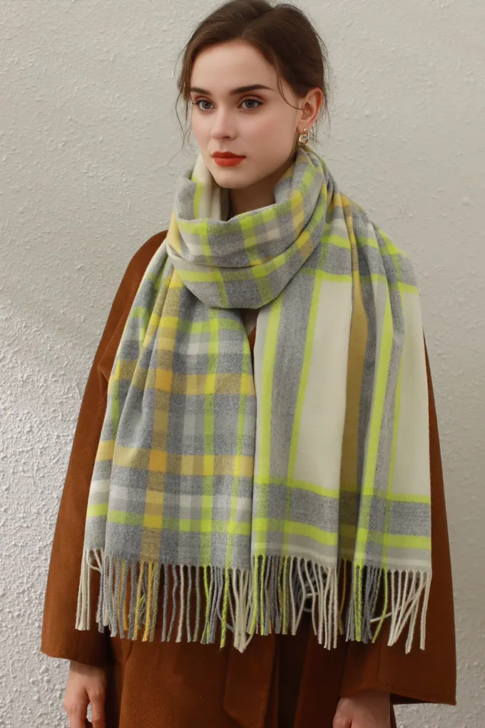 Mimic Cashmere Colorful Plaid Fringe Blanket Scarf
