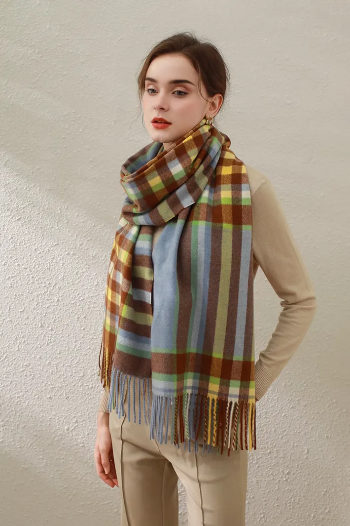 Mimic Cashmere Colorful Plaid Fringe Blanket Scarf