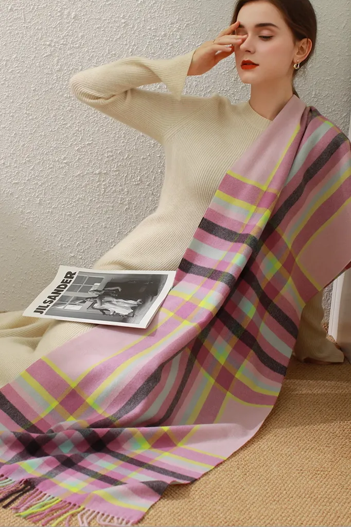 Mimic Cashmere Colorful Plaid Fringe Blanket Scarf