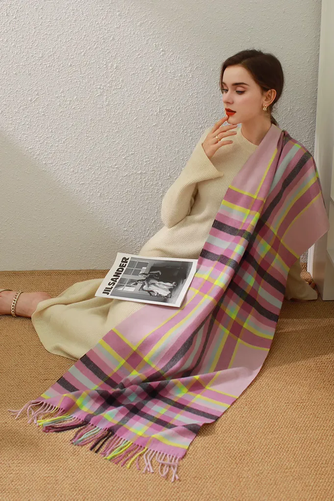 Mimic Cashmere Colorful Plaid Fringe Blanket Scarf