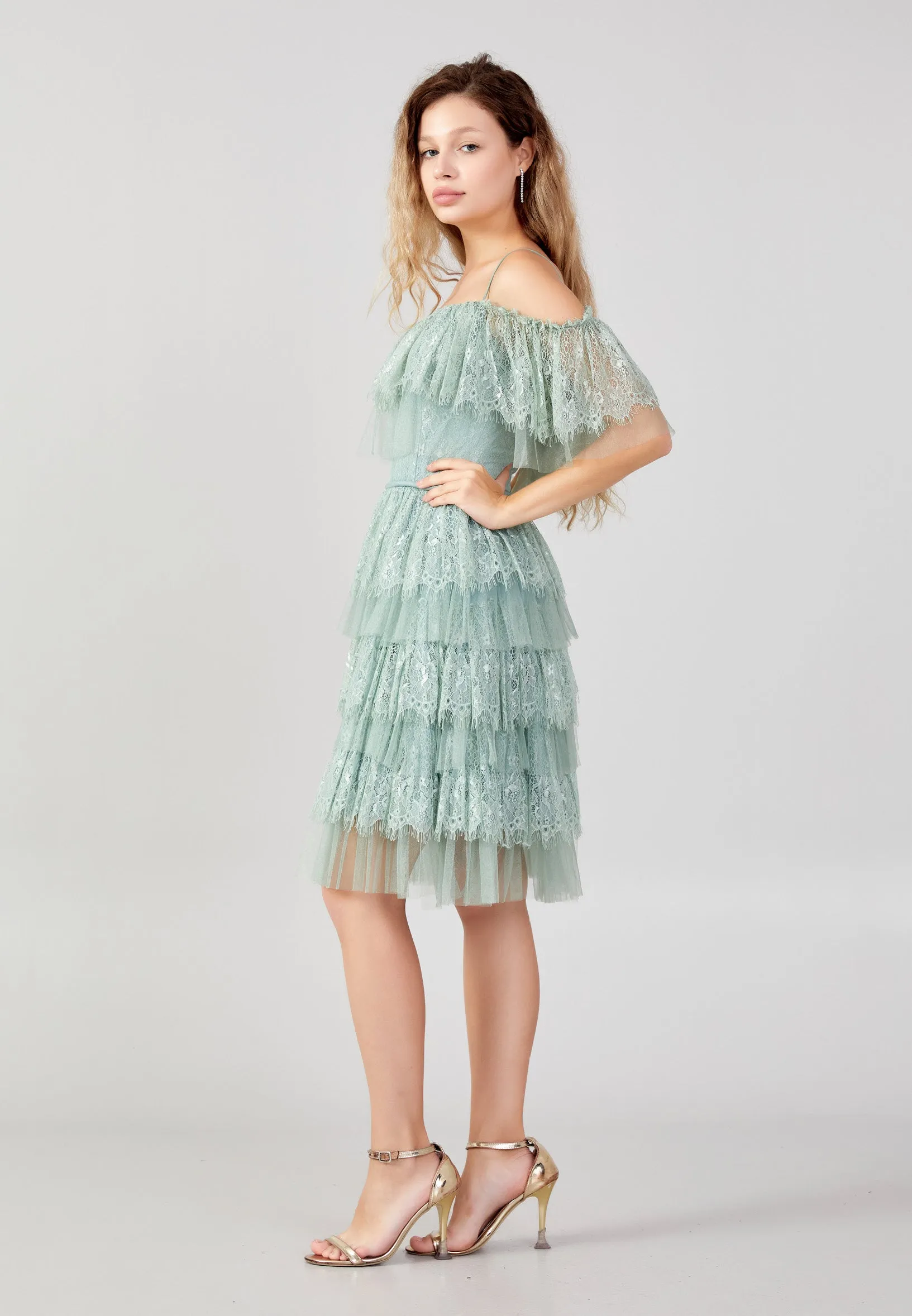 Off Shoulder Spaghetti Strap Tulle Short Dress
