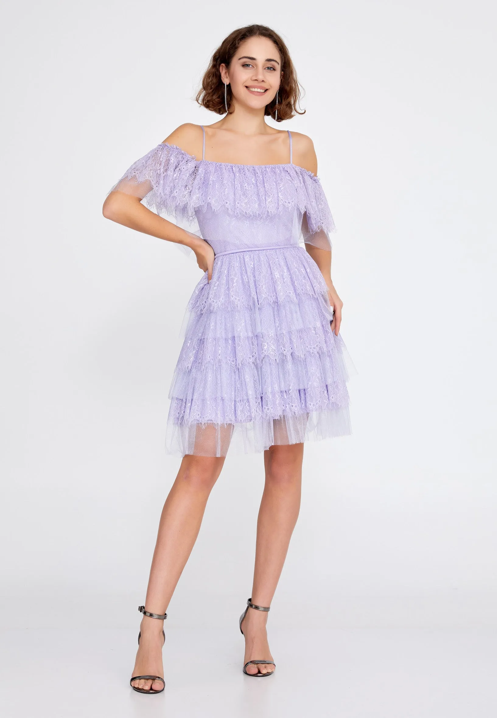 Off Shoulder Spaghetti Strap Tulle Short Dress
