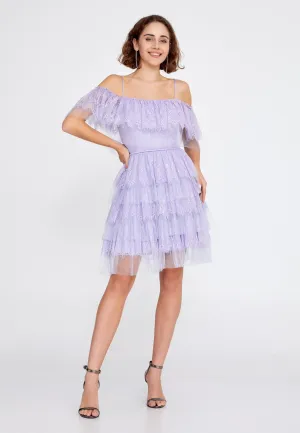 Off Shoulder Spaghetti Strap Tulle Short Dress