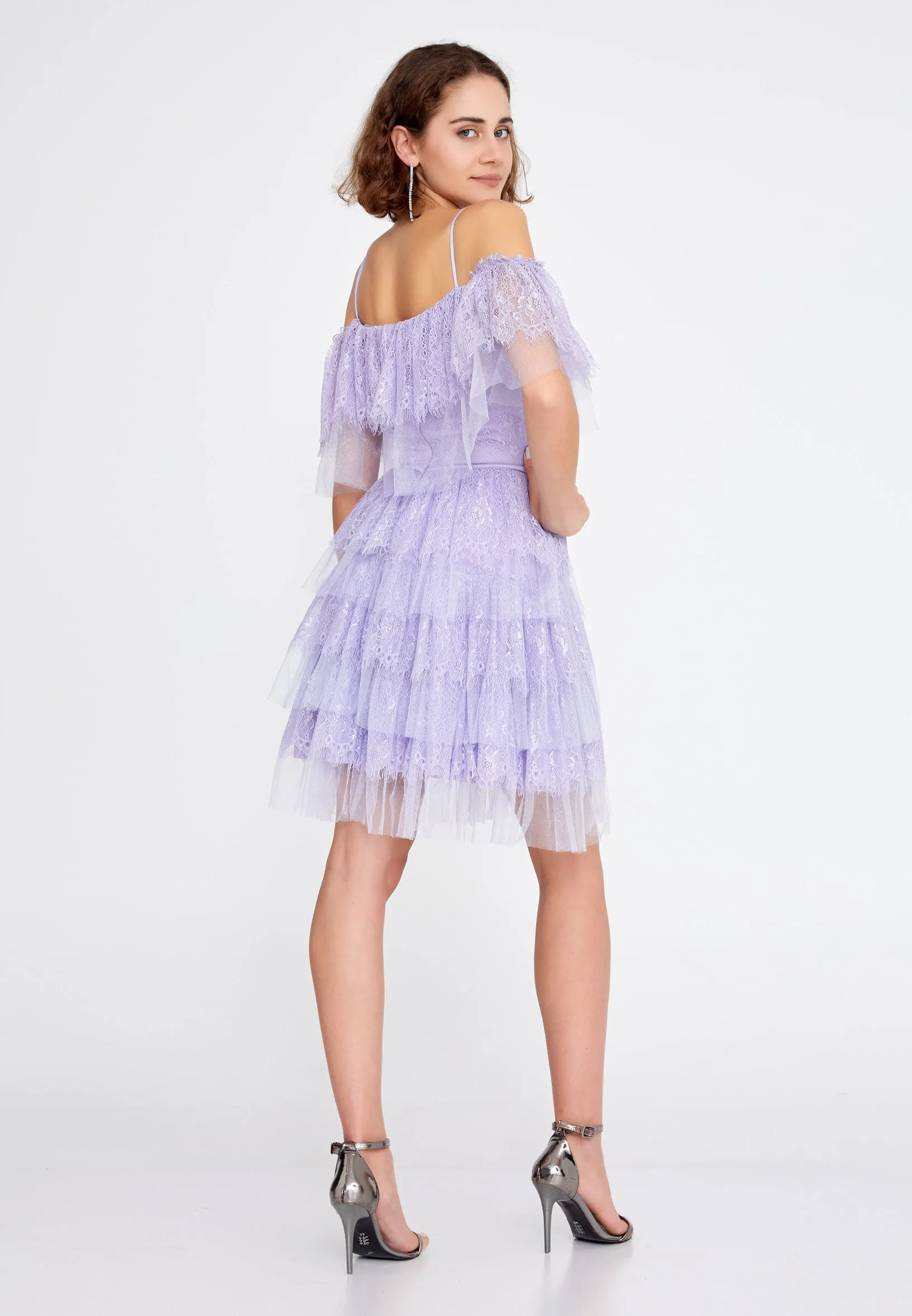 Off Shoulder Spaghetti Strap Tulle Short Dress