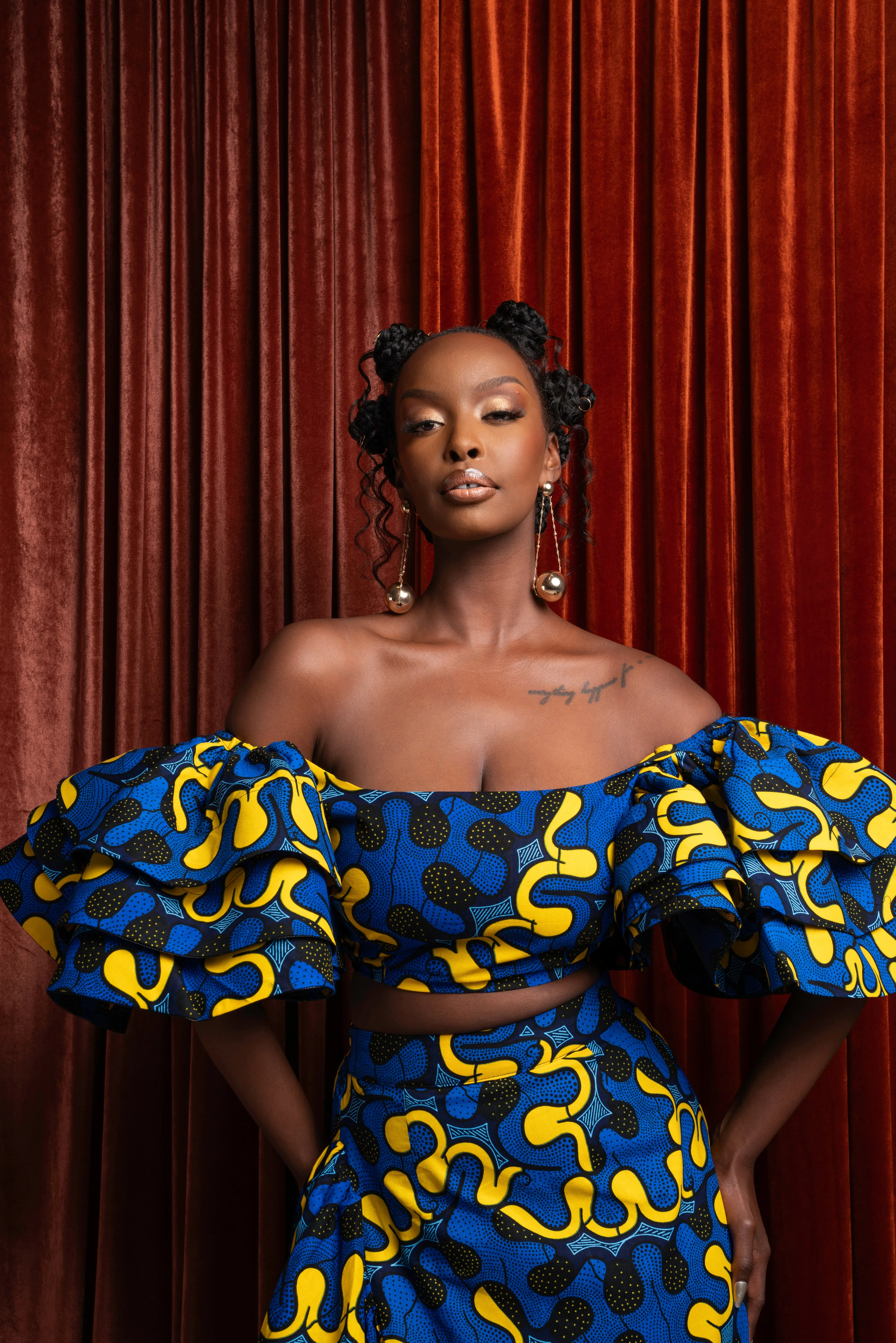 OPE African Print Layered Ruffle sleeve Crop Top