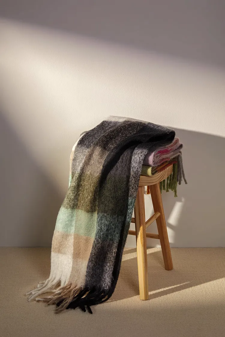 Rainbow Fluffy Plaid Fringe Scarf