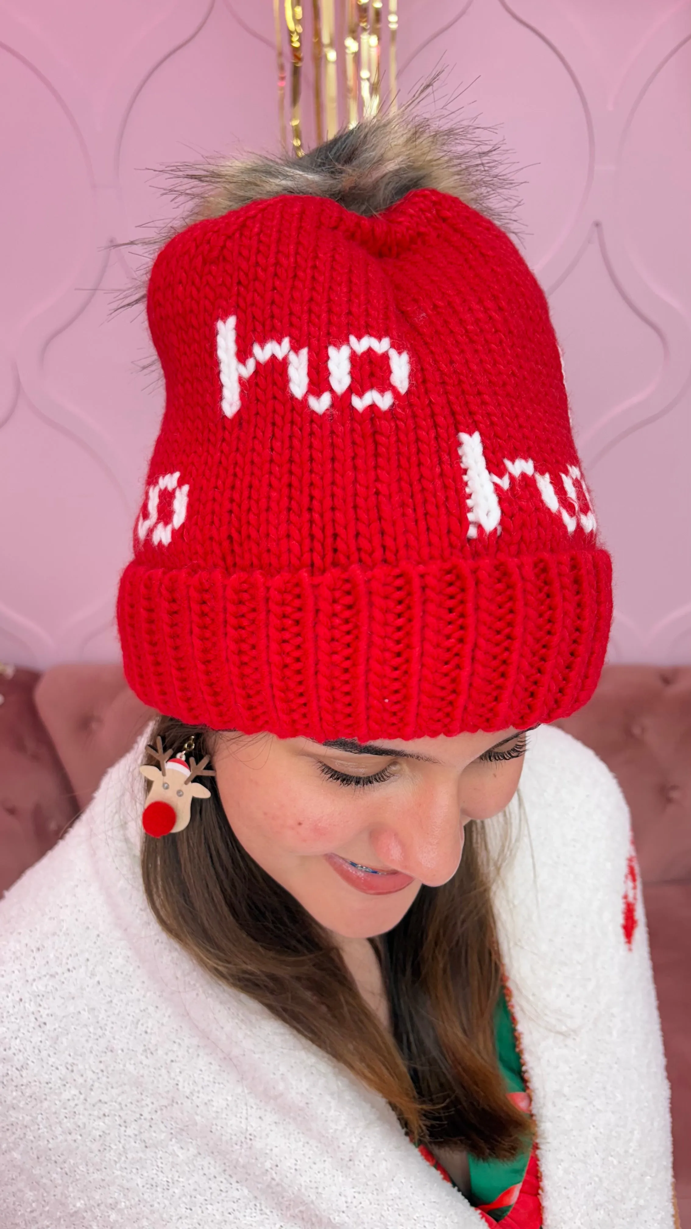 Red & White Ho Ho Ho Pom Hat