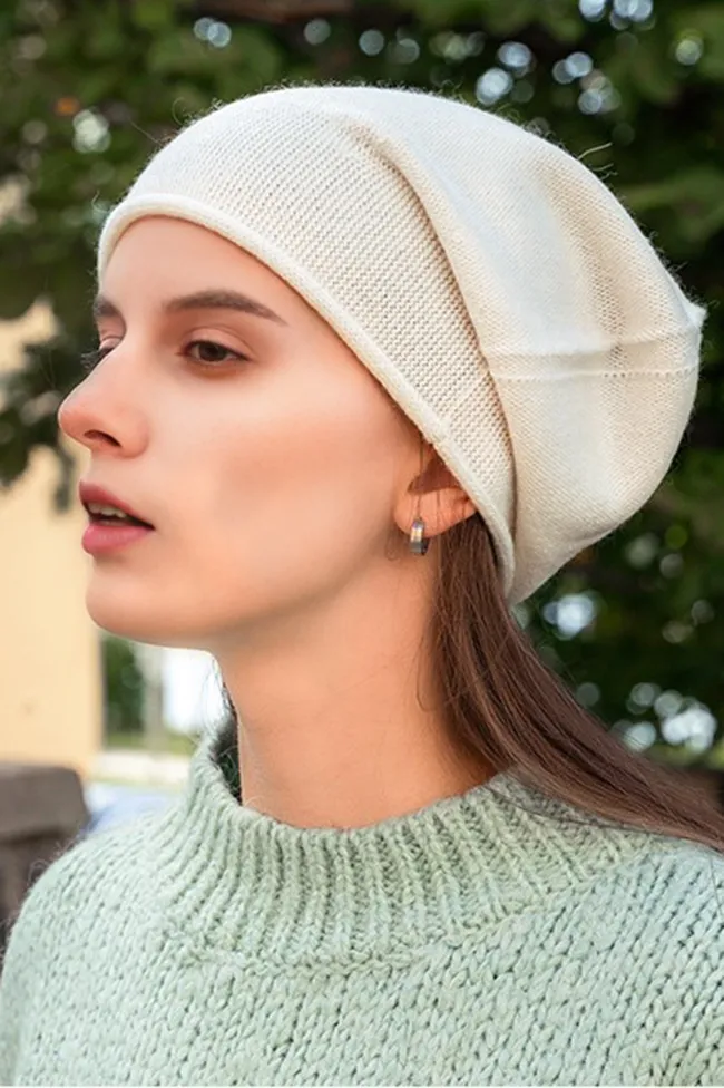 Slouchy Winter Rib Knit 100 Cashmere Beanie