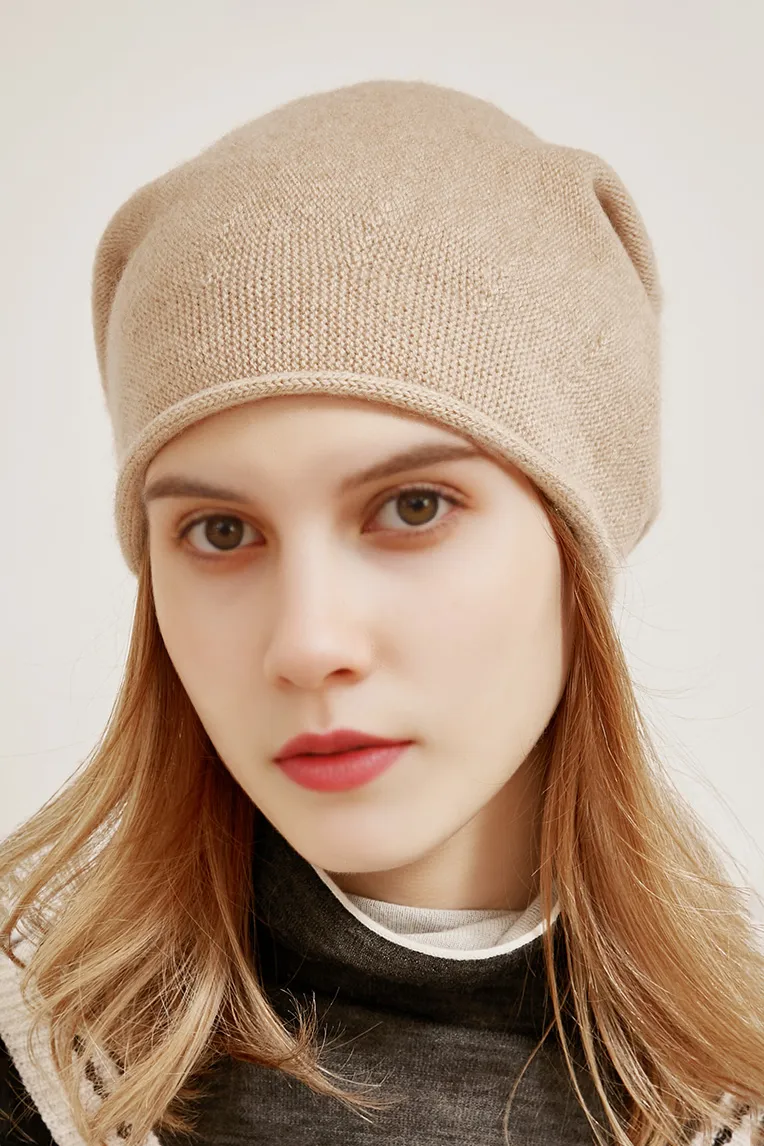 Slouchy Winter Rib Knit 100 Cashmere Beanie