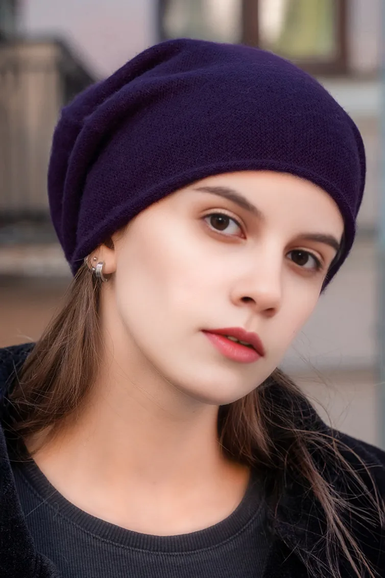 Slouchy Winter Rib Knit 100 Cashmere Beanie