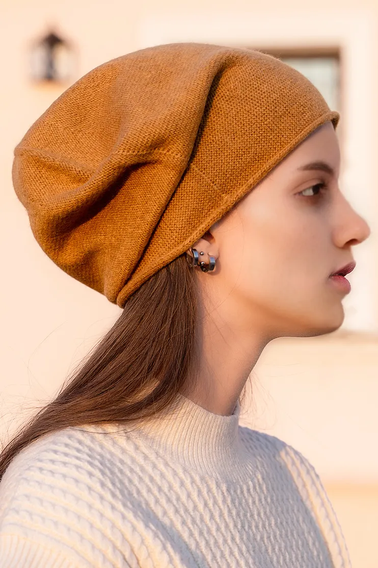 Slouchy Winter Rib Knit 100 Cashmere Beanie