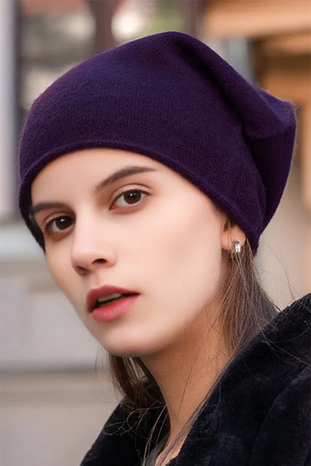 Slouchy Winter Rib Knit 100 Cashmere Beanie