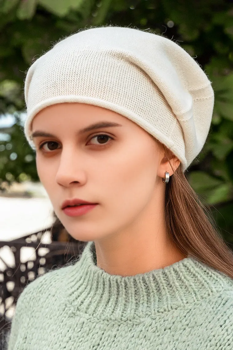 Slouchy Winter Rib Knit 100 Cashmere Beanie