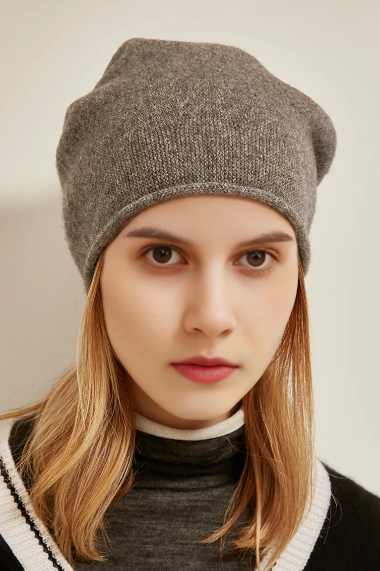 Slouchy Winter Rib Knit 100 Cashmere Beanie