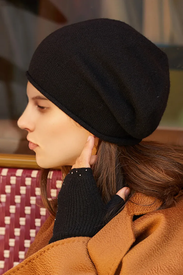 Slouchy Winter Rib Knit 100 Cashmere Beanie