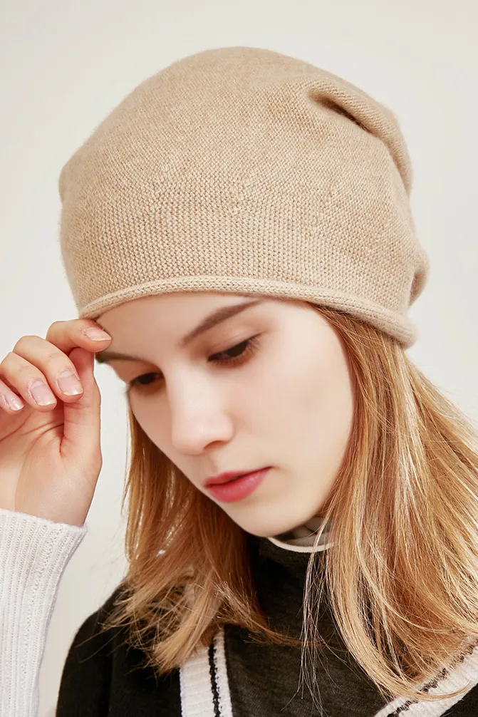 Slouchy Winter Rib Knit 100 Cashmere Beanie