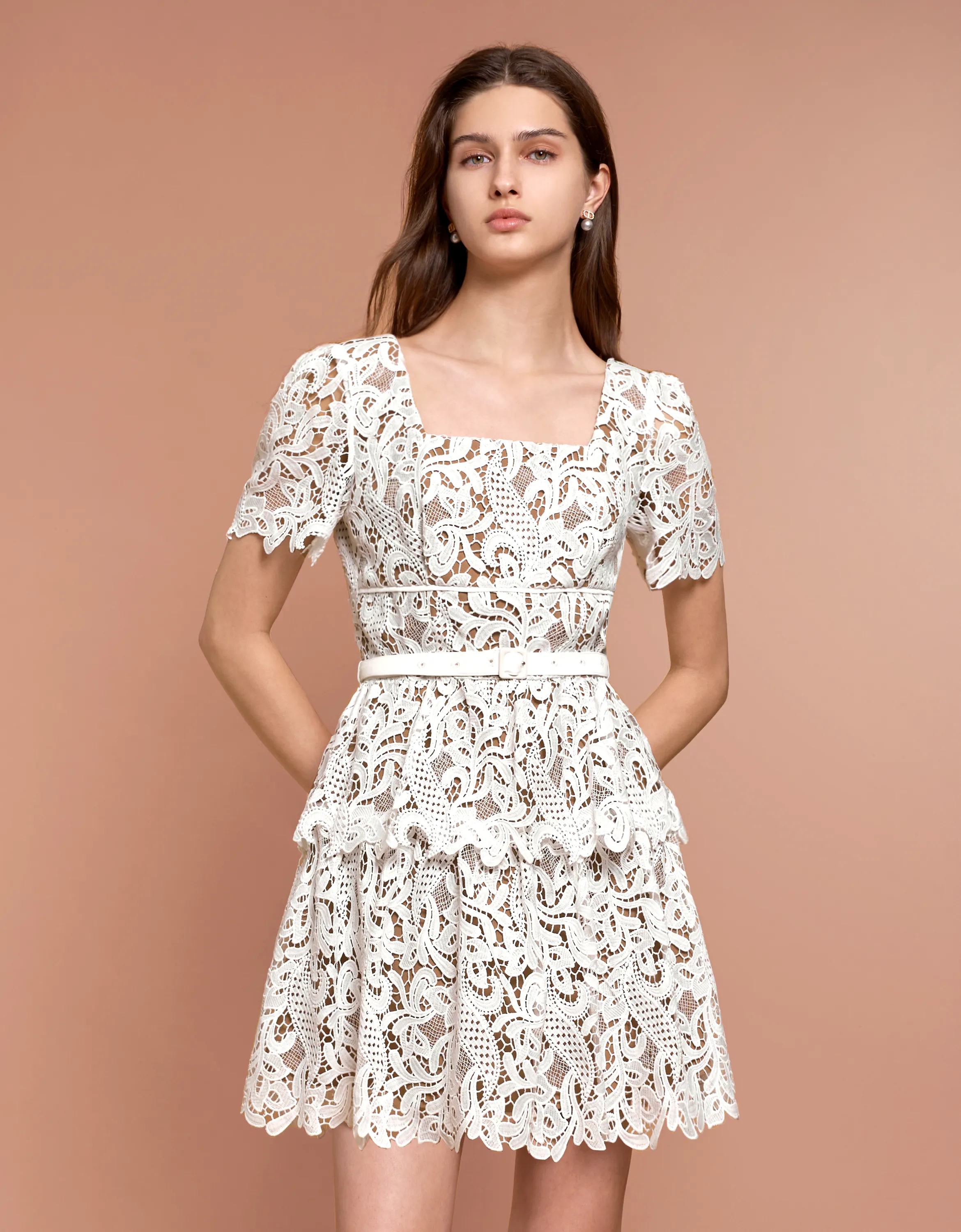 Square Neck Layered Skirt Lace Dress