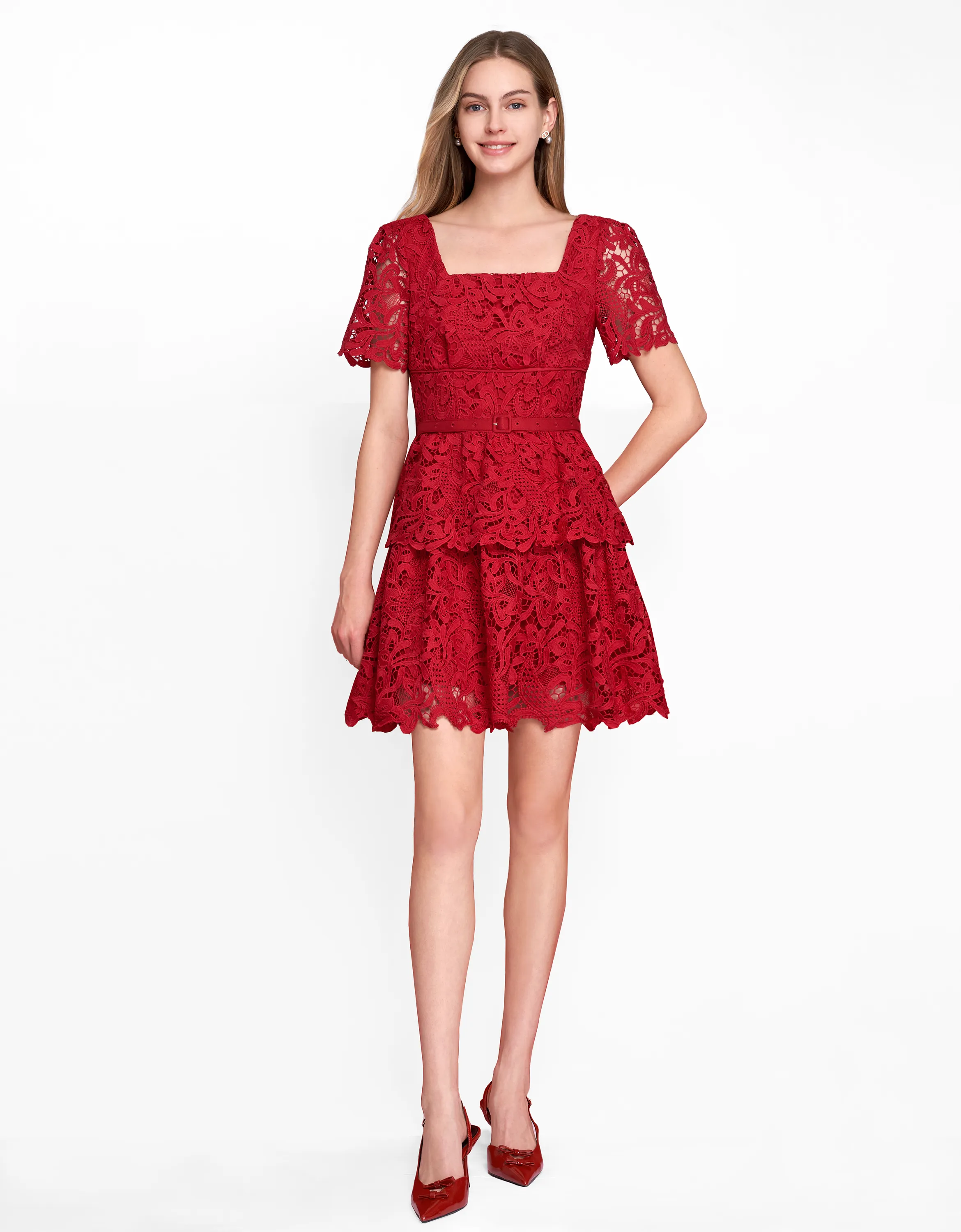 Square Neck Layered Skirt Lace Dress