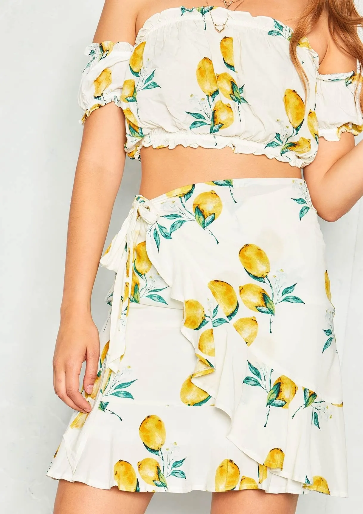 Stacey White Lemon Print Frill Crop Top