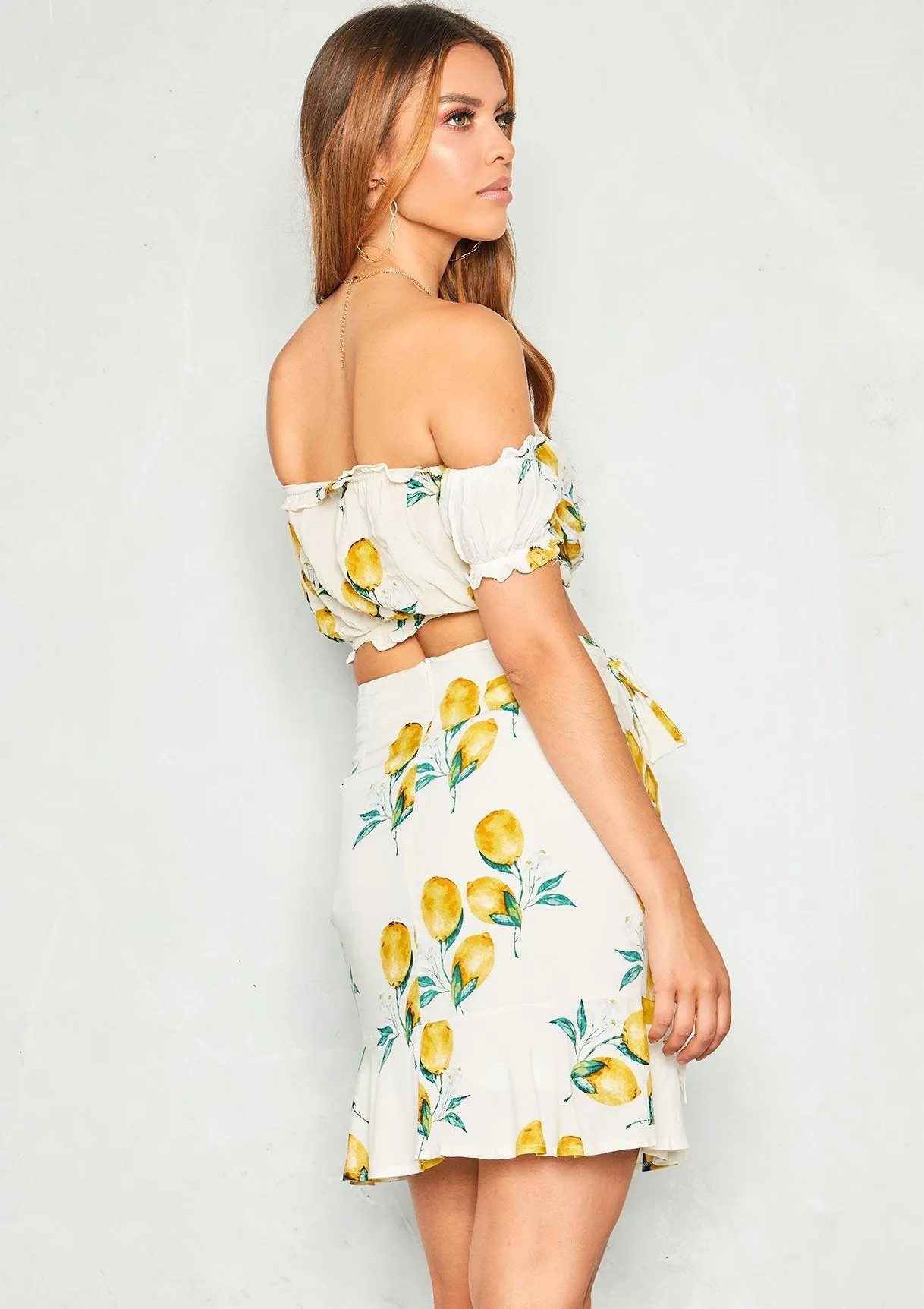 Stacey White Lemon Print Frill Crop Top