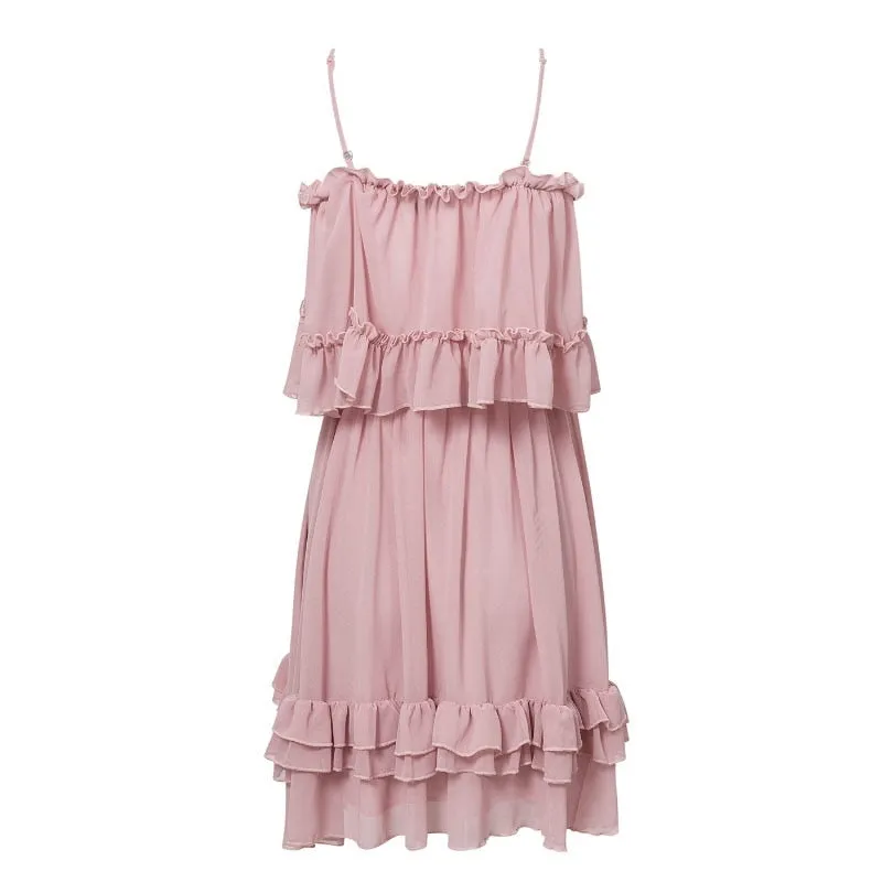 Women's Summer Ruffled Off-Shoulder Strappy Chiffon Short Dress
