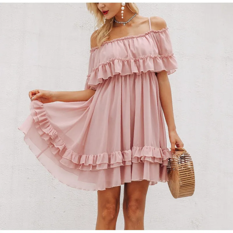 Women's Summer Ruffled Off-Shoulder Strappy Chiffon Short Dress