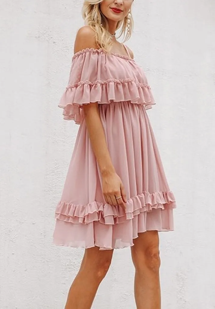 Women's Summer Ruffled Off-Shoulder Strappy Chiffon Short Dress