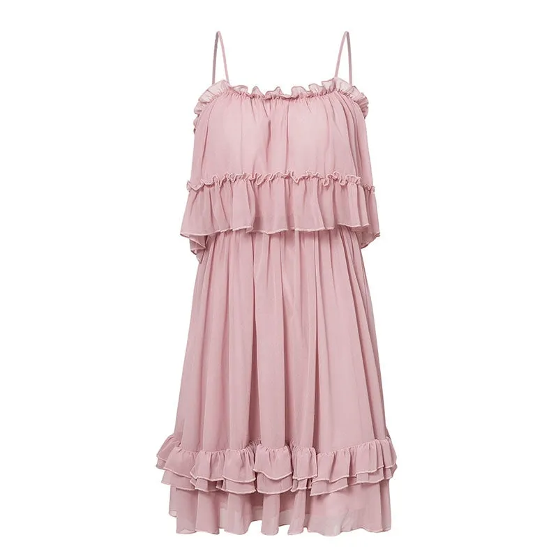 Women's Summer Ruffled Off-Shoulder Strappy Chiffon Short Dress
